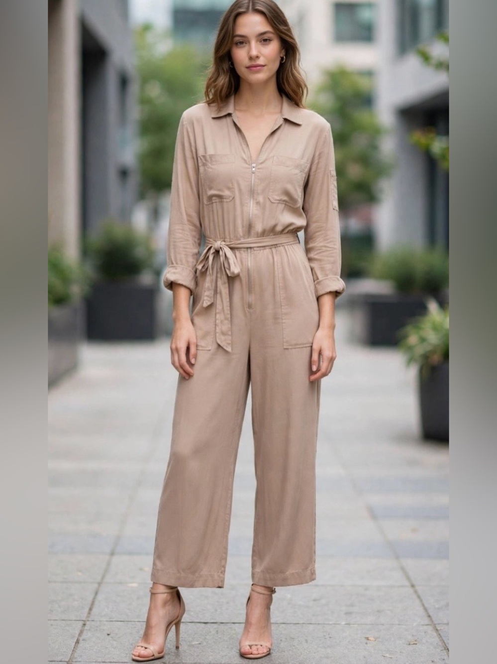 HYFVE Taupe Utility Tie-Waist Jumpsuit Size L 100% Rayon